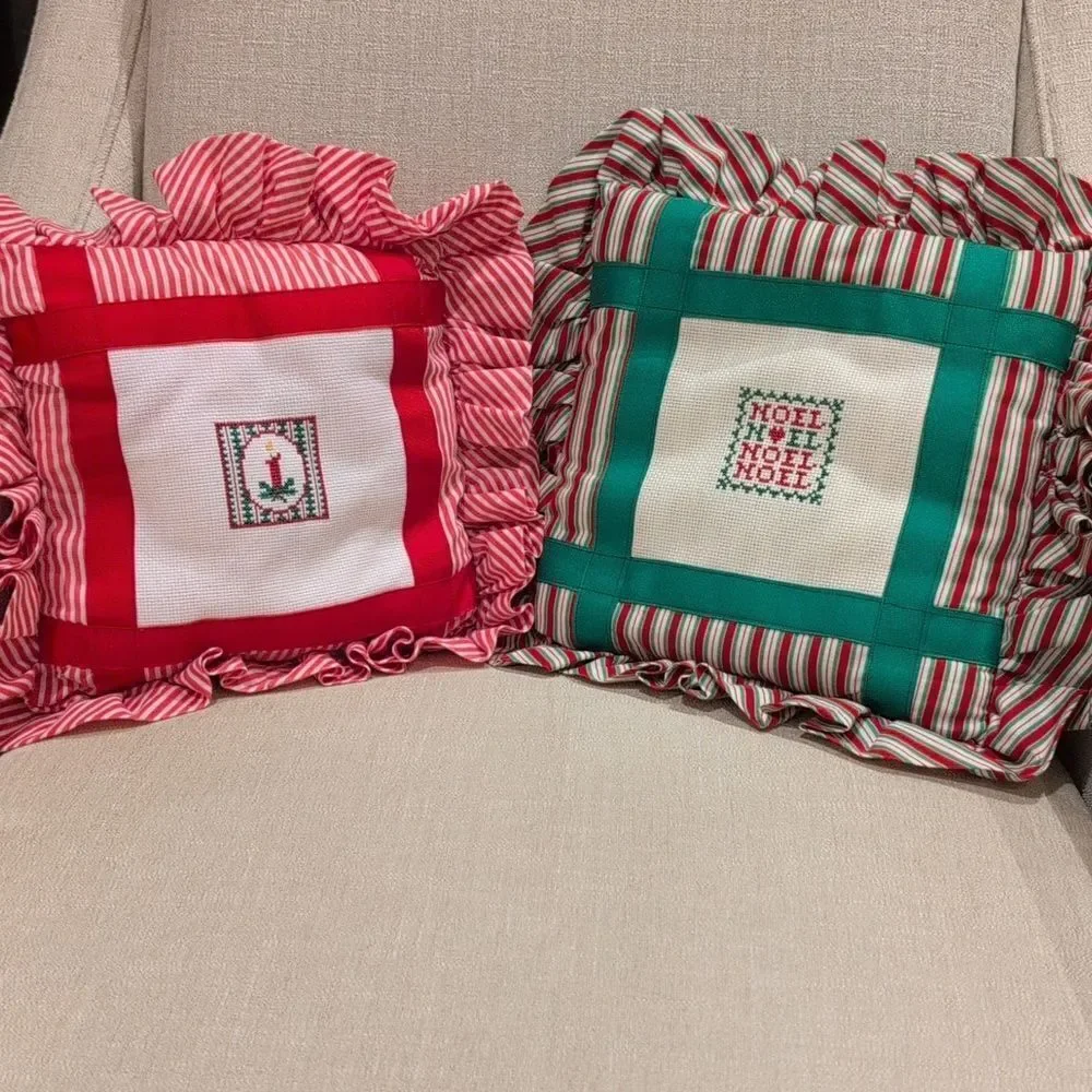 Handcrafted Festive Red and Green Ruffled Cross-stitch Holiday Pillows Set of 2
